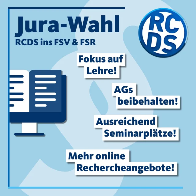 Das Jurastudium braucht ein Update! 🚀
 Wir fordern ein Studium, das zu unser aller Alltag passt: hybride Lehre, flexible Prüfungsanmeldung und bessere Online-Recherchetools wie Beck-Online!💻

 Statt weniger AGs – mehr Fallbearbeitung! Auch wichtig: transparente Klausurkorrekturen, mehr Seminarplätze, stärkere FFA und Spezialisierung durch Zusatzzertifikate!📚 

🗳 Wählen könnt ihr vom 2.-6. Juni eure Fachschaftsvertretung und euren Fachbereichsrat
Kommt wählen für tatsächliche Verbesserungen!